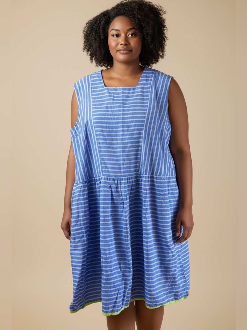 NWT Gudrun Sjoden Organic Cotton Sleeveless Mixed Stripe Dress Blue Size XL